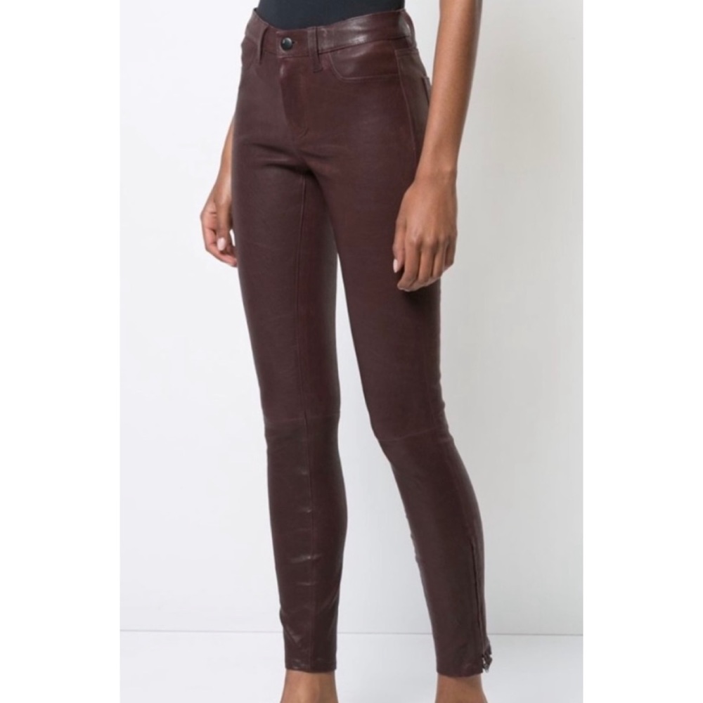 J BRAND • Burgundy Stretch Lamb Leather Skinny Ankle Zip Pants, 27